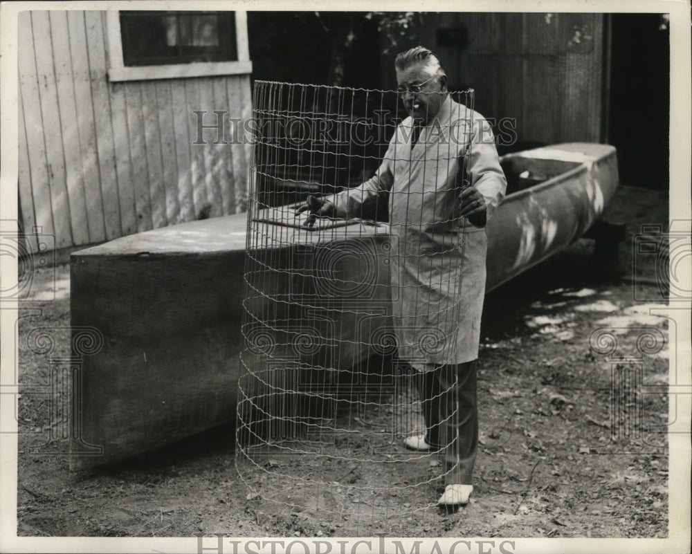 1941 Dr. Christian Paul holding a wire netting for his strange craft - Historic Images