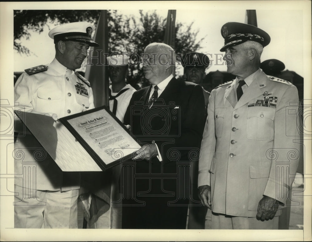 1957 Press Photo Adm Arthur Radford, Defense Secy Charles Wilson in DC ...