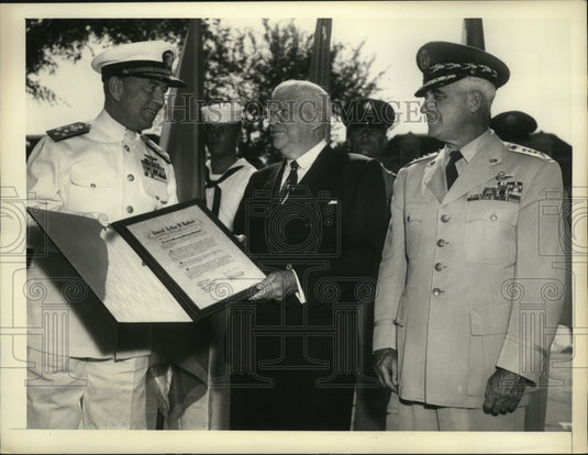 1957 Press Photo Adm Arthur Radford, Defense Secy Charles Wilson in DC-Historic Images