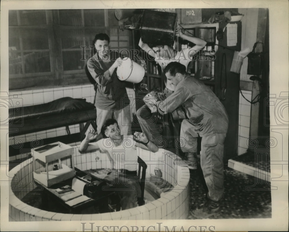 1945 Press Photo Okinawa Medics play around the Pacific Island Seminary Bathroom-Historic Images