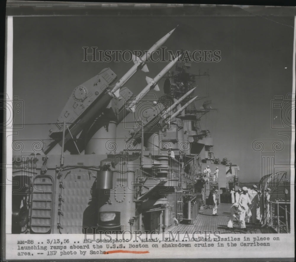 1956 Press Photo Guided Missiles aboard American Ship Boston in Caribbean sea-Historic Images