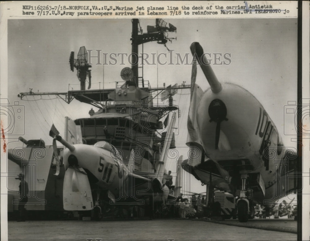 1958 Press Photo American Marine Jet planes aboard the Carrier Antietam - Historic Images