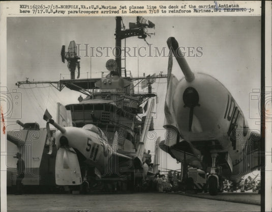 1958 Press Photo American Marine Jet planes aboard the Carrier Antietam - Historic Images