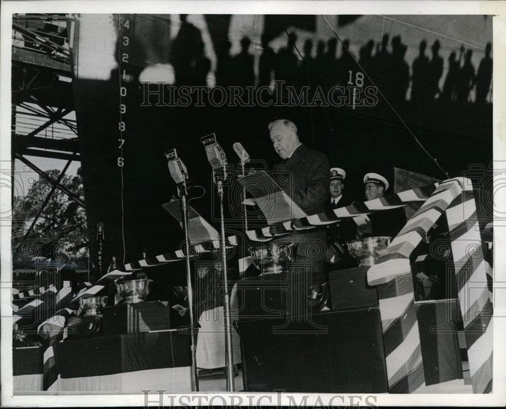 1941 Press Photo Josephus Daniels speaks at Beatty and Tillman Ships launching-Historic Images