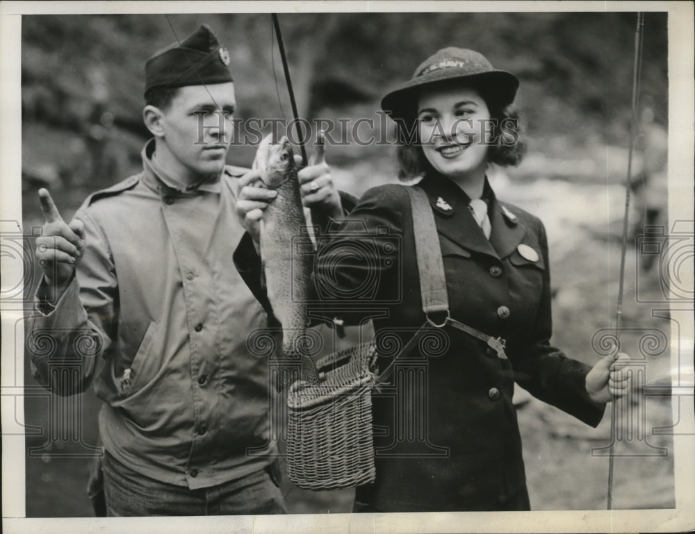 1944 ROTC Cadet Stanley West and Betty Cunneff trout fishing - Historic Images