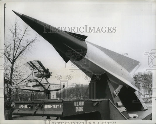 1958 Press Photo Army's Nike Hercules missile with "Pioneer" plane at the back-Historic Images