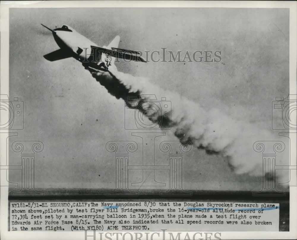 1951 Press Photo Douglas Skyrocket research plane breaks altitude record-Historic Images