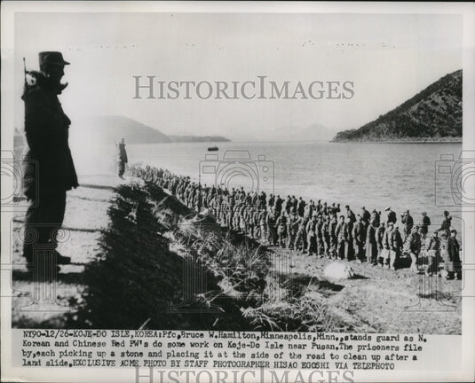 1951 Guarded Korean and Chinese PW's  do some work in Koje-Do Isle - Historic Images