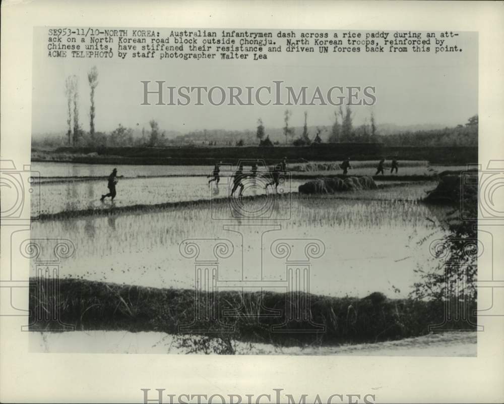 1950 Australian Troops Across Rice Field during attack in Chongju - Historic Images