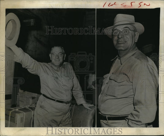 1945 Press Photo Man smiles and waves his hat - Historic Images