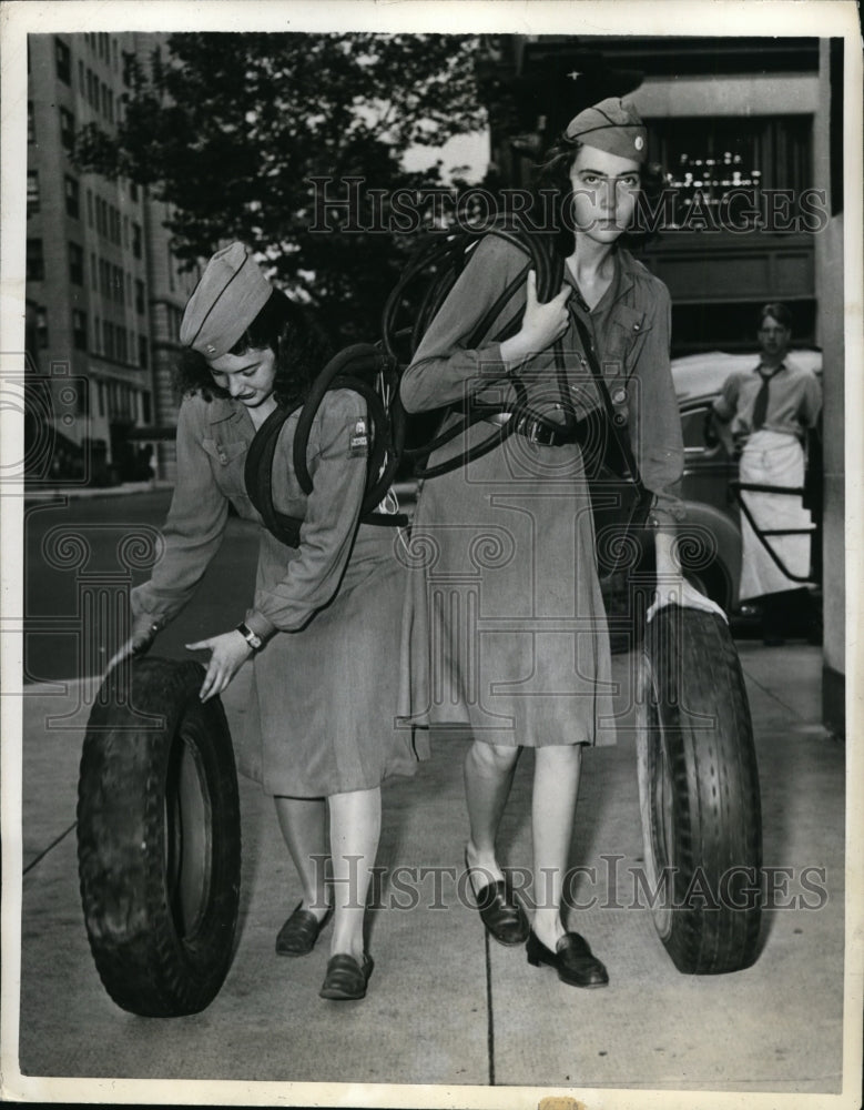 1942 New York Joan Sondheim &amp; Sally Morrison roll tires NYC-Historic Images