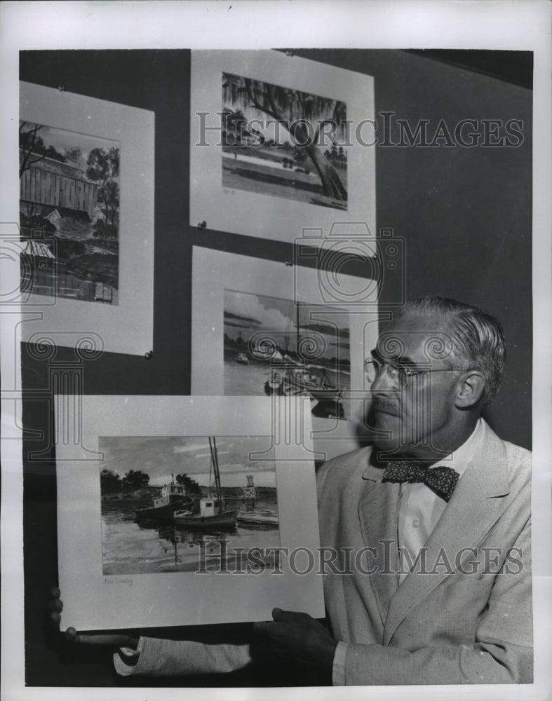 1954 Press Photo New York Carl E Widney &amp; his artworks shown in NYC - Historic Images