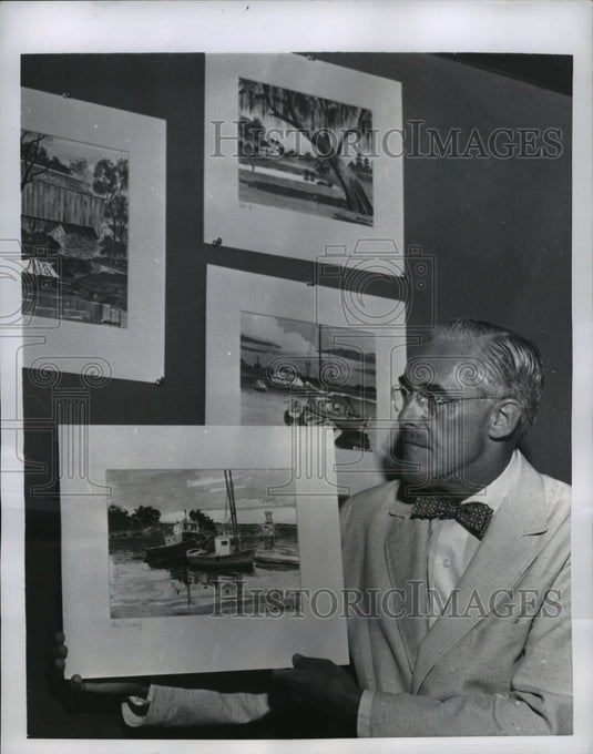 1954 Press Photo New York Carl E Widney & his artworks shown in NYC - Historic Images
