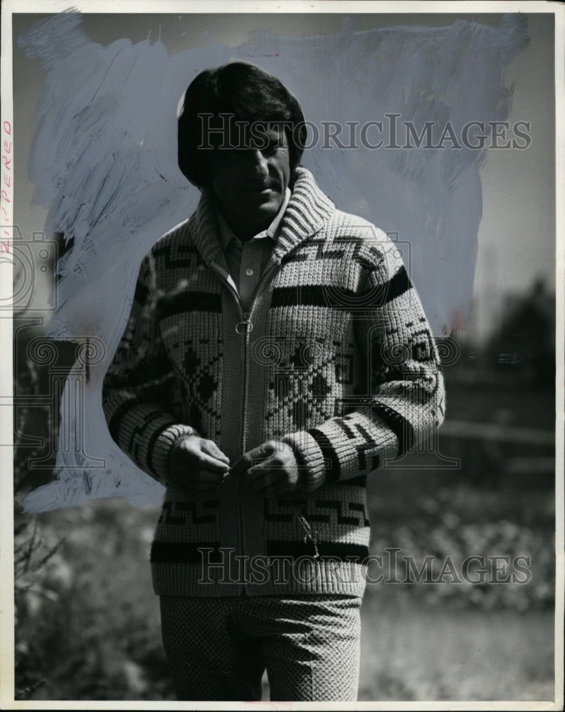1972 Jacquard Zip Jacket Knit with Collar, Available at Higbee&#39;s - Historic Images