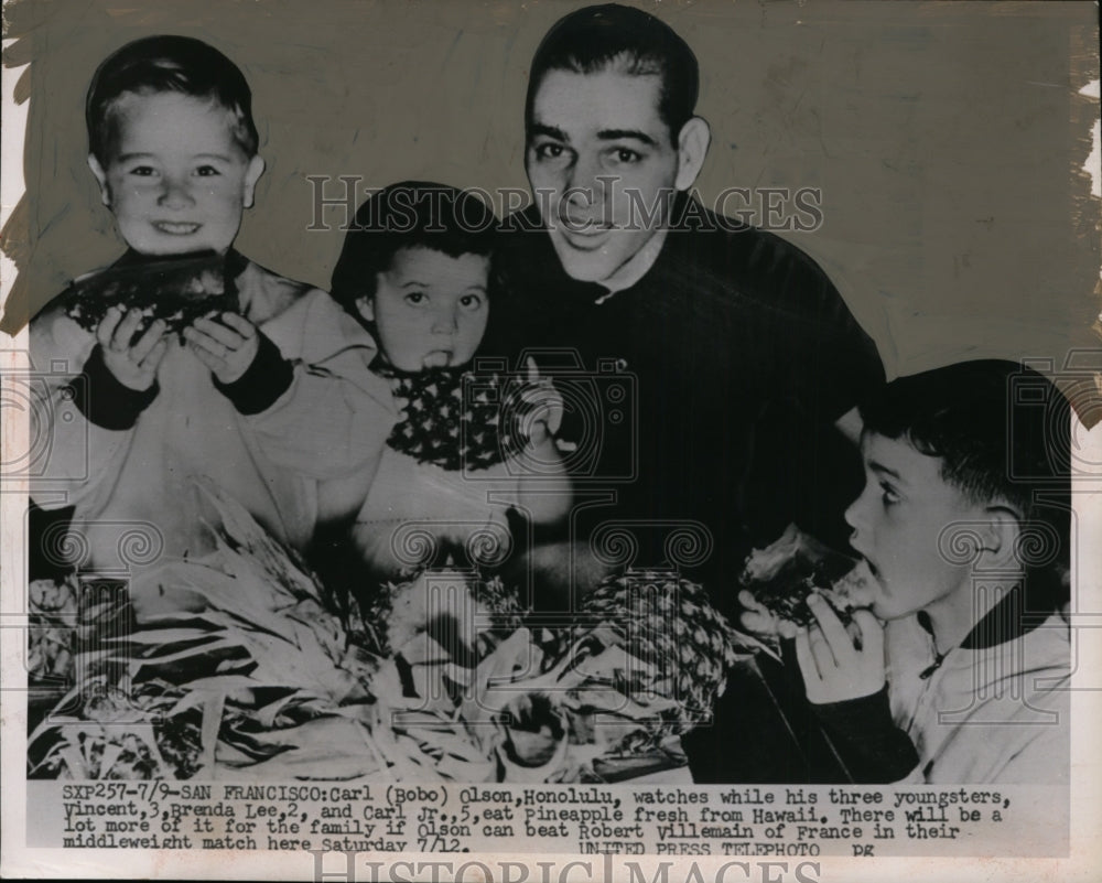 1952 Press Photo Carl Bobo Olson boxer &amp; his kids Vincent, Brenda &amp; Carl Jr - Historic Images