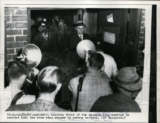 1957 Amonate VA mine cictims carried to mine camp morgue  - Historic Images