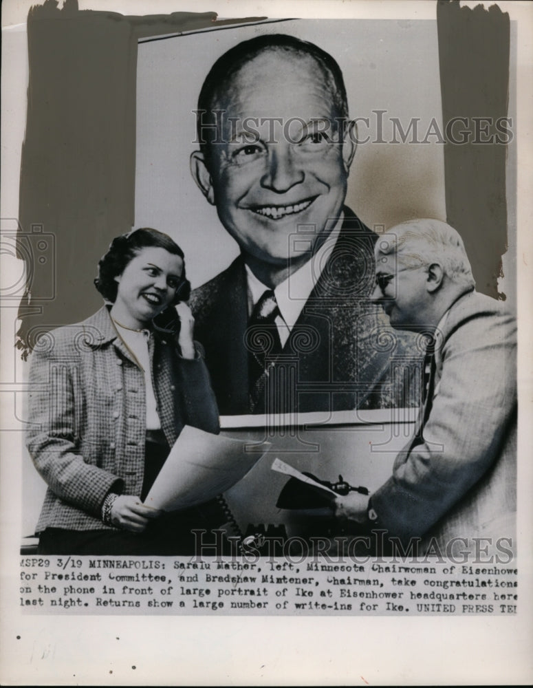 1952 Press Photo Saralu Mather MN chair of Eisenhower campaign &amp; Brad Mintener-Historic Images