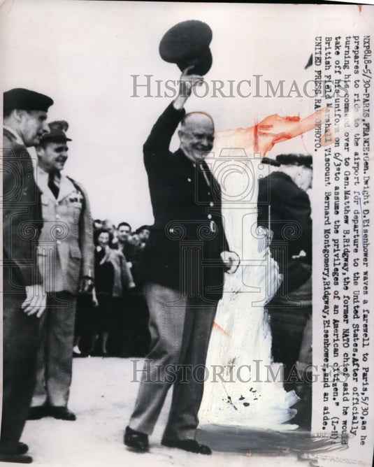1952 Dwight Eisenhower waves farewell to Paris France  - Historic Images