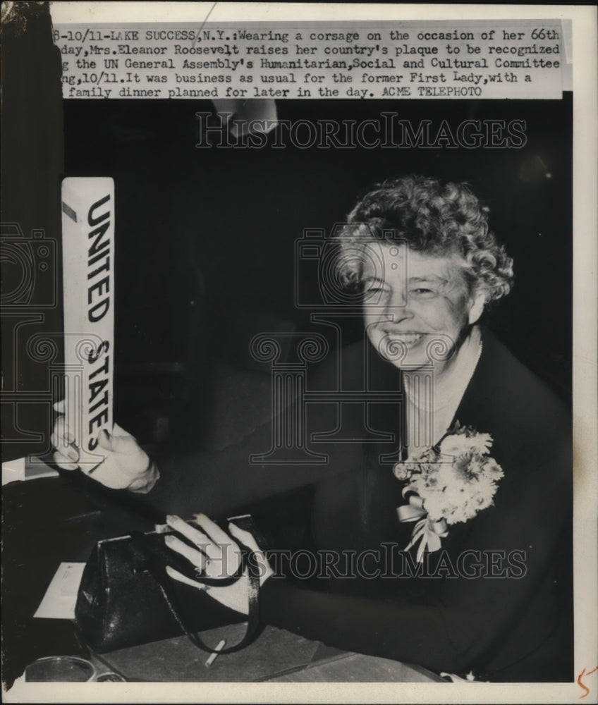 1950 Mrs Eleanor Roosevelt on her 66th birthday at UN General Assemb - Historic Images