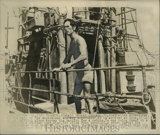 1948 Press Photo Australian Adventurer Ronald Ernest Johnson Aboard His Boat-Historic Images