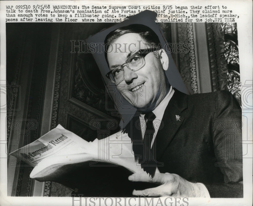 1963 Press Photo Senator Robert P. Griffin at Abe Fortas Filibuster, Washington - Historic Images