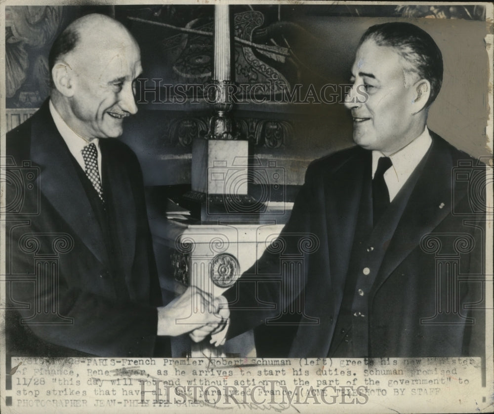 1947 Robert Shuman greets Rene Meyer Prior to Paris cabinet Meeting - Historic Images