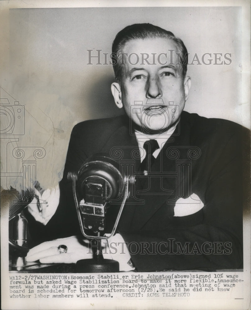 1951 Press Photo Economic Stabilizer Eric Johnston During Press Conference - Historic Images
