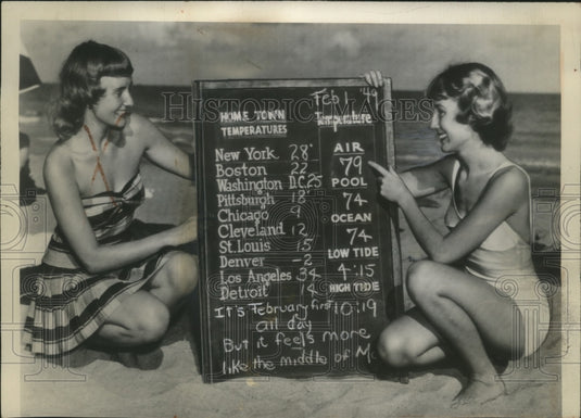 1949 Press Photo Miami Beach, FL- Barbara Bickel & Dorlores Bach Read Home Temp - Historic Images