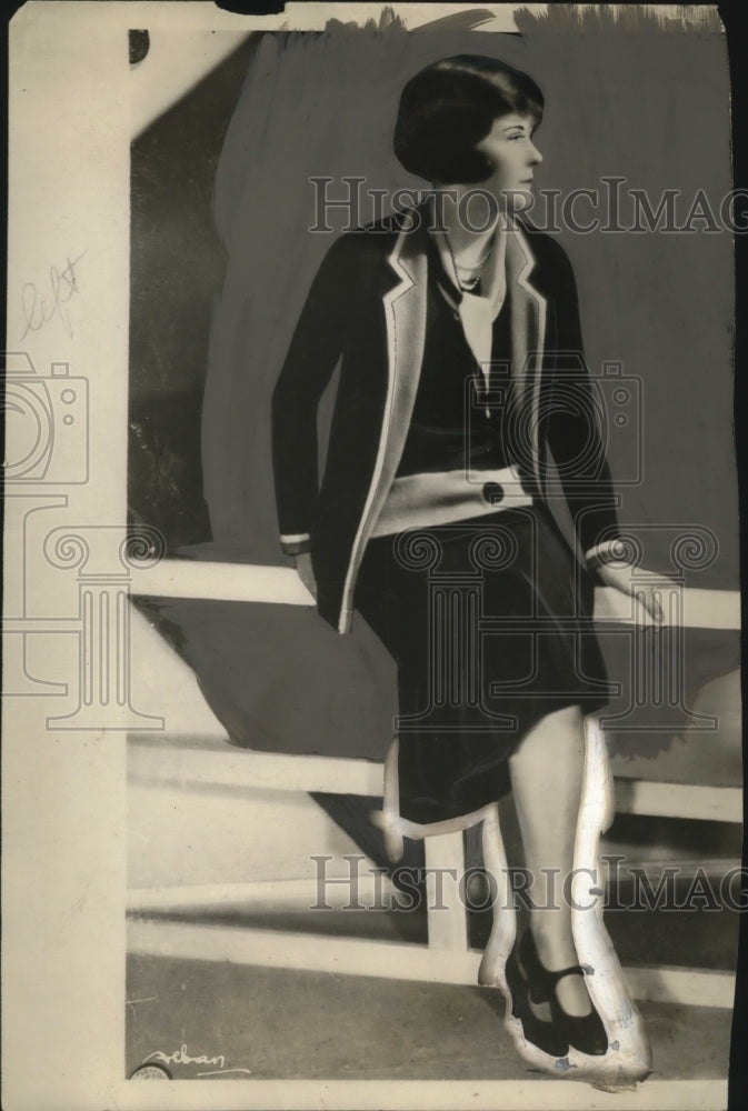 1929 Press Photo Marcel Rochas of Paris creator of Sports dress in red &amp; Navy-Historic Images