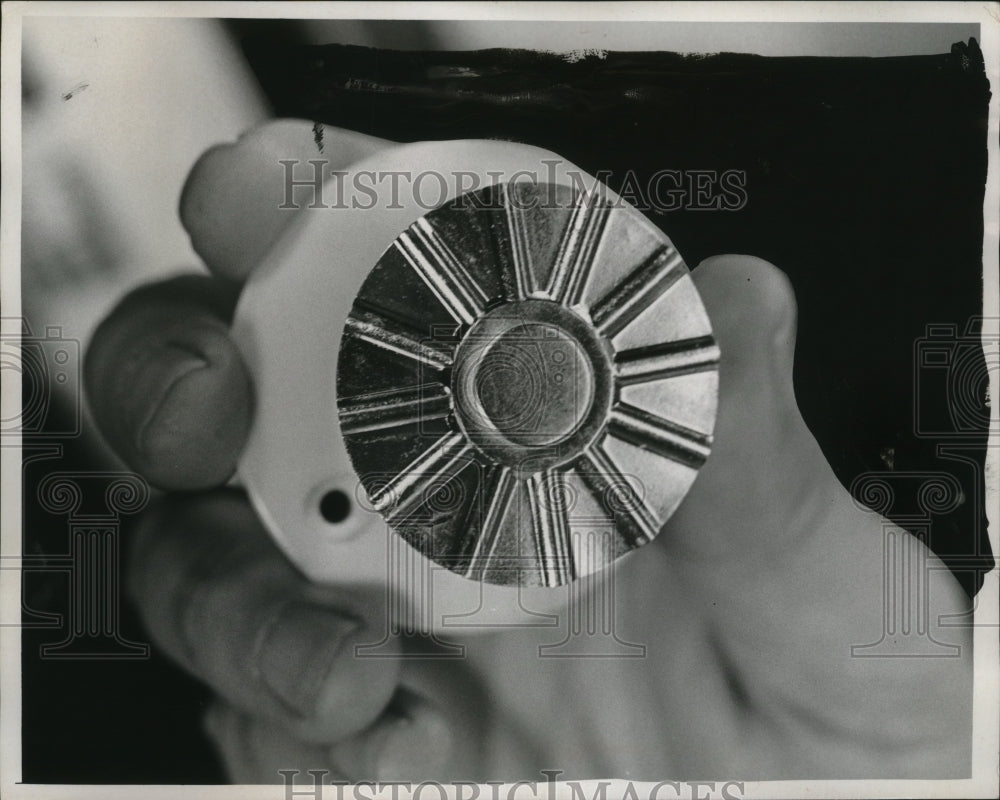 1966 Press Photo Heat Sensor fire alarm held by Dan Sabel - neo20666-Historic Images