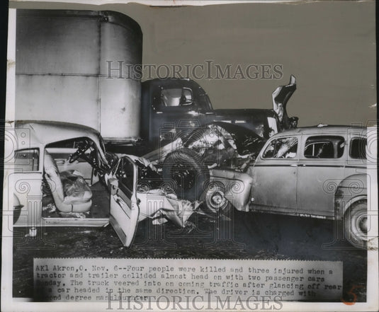 1950 Press Photo 4 Killed, 3 Injured When Tractor & Trailer Collided with Cars-Historic Images