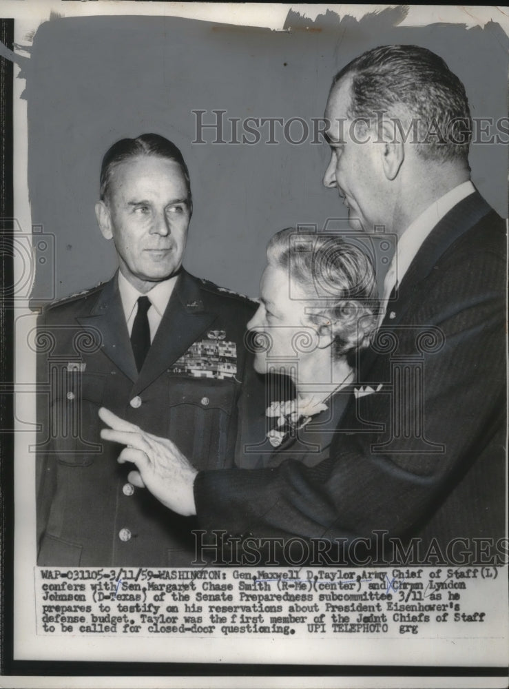 1959 Press Photo Gen Maxwell Taylor Confers with Sen Margaret Smith &amp; L. Johnson-Historic Images