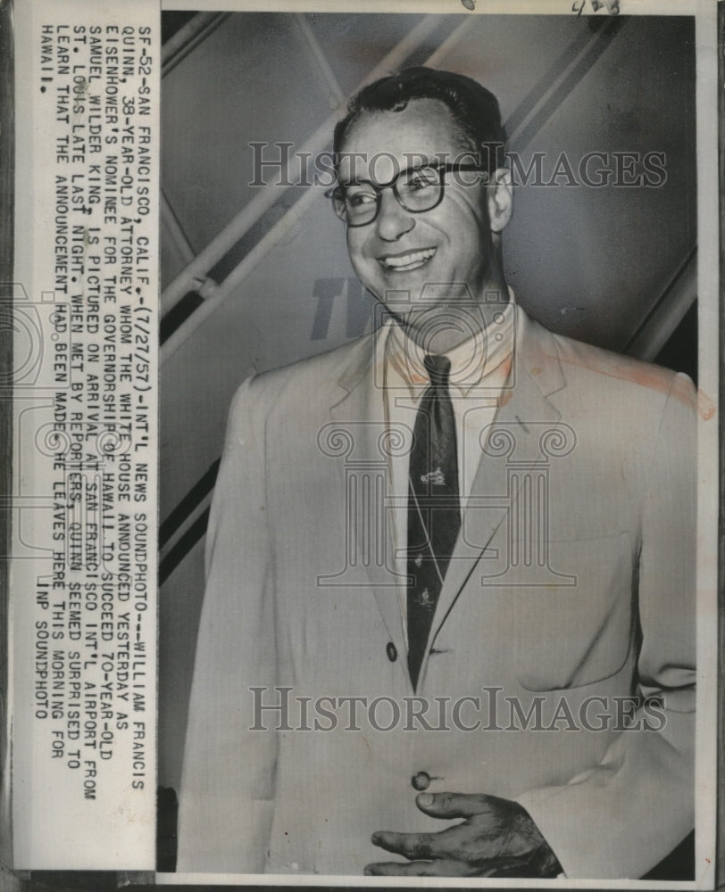 1957 Press Photo William Francis Quinn nominated as Governor of Hawaii - Historic Images