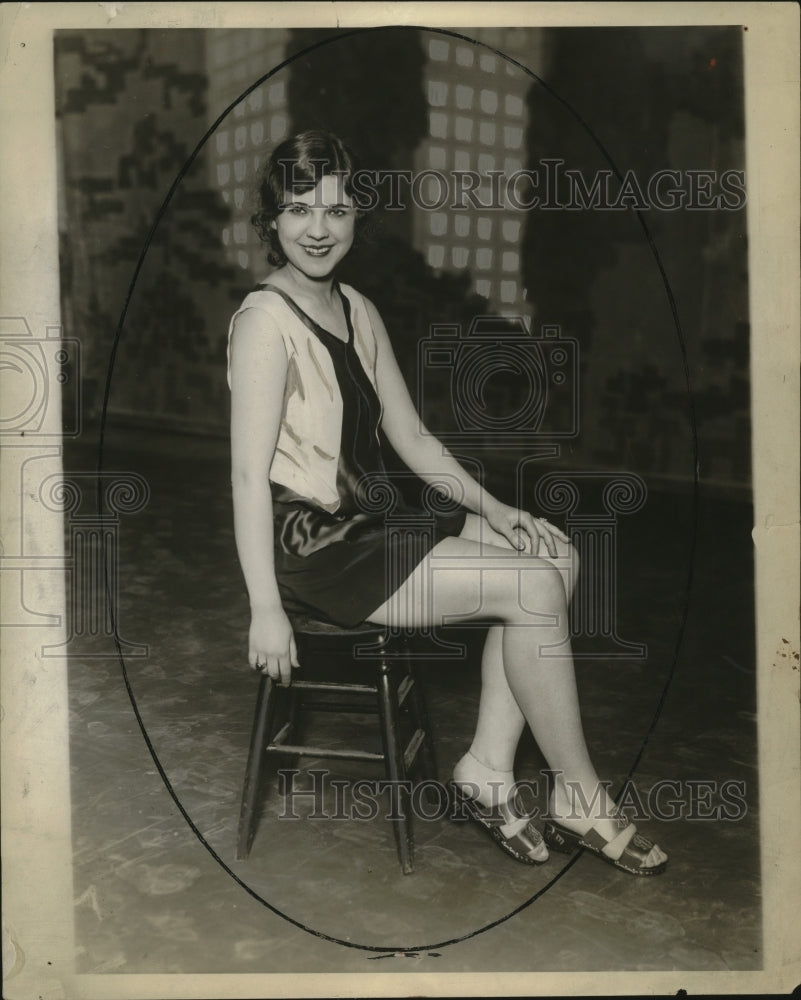 1928 Press Photo Model Wears Geometric Design in Black &amp; Tan Dress in Satin - Historic Images