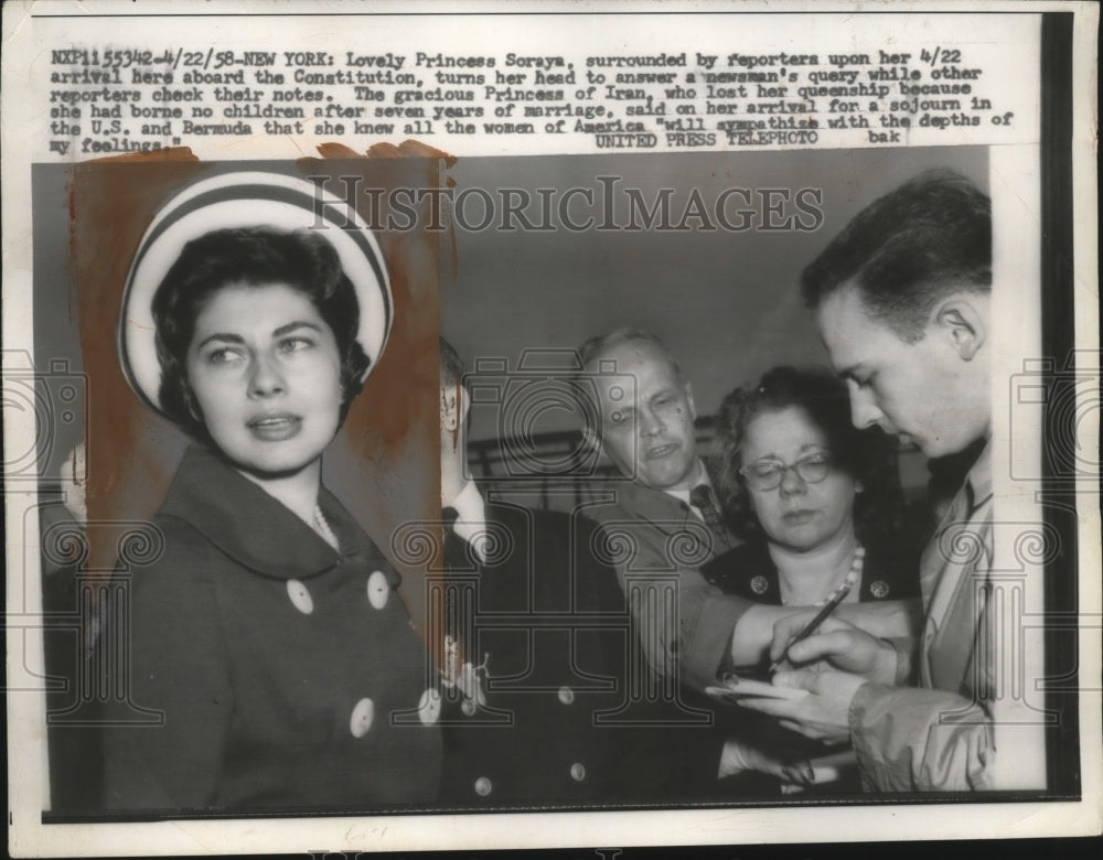 1958 Press Photo Princess Soraya of Iran arrives in NYC - Historic Images