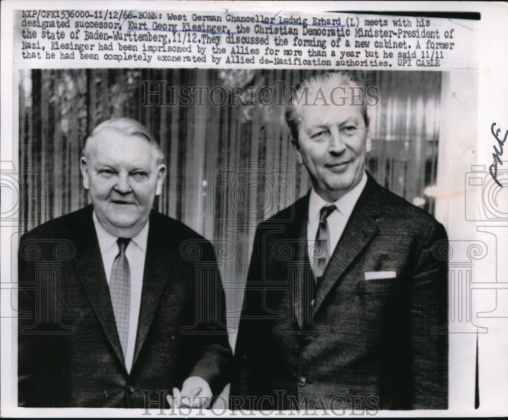 1966 Press Photo West German Chancellor Ludwig Erhard &amp; succeror Kurt Kiissinger-Historic Images