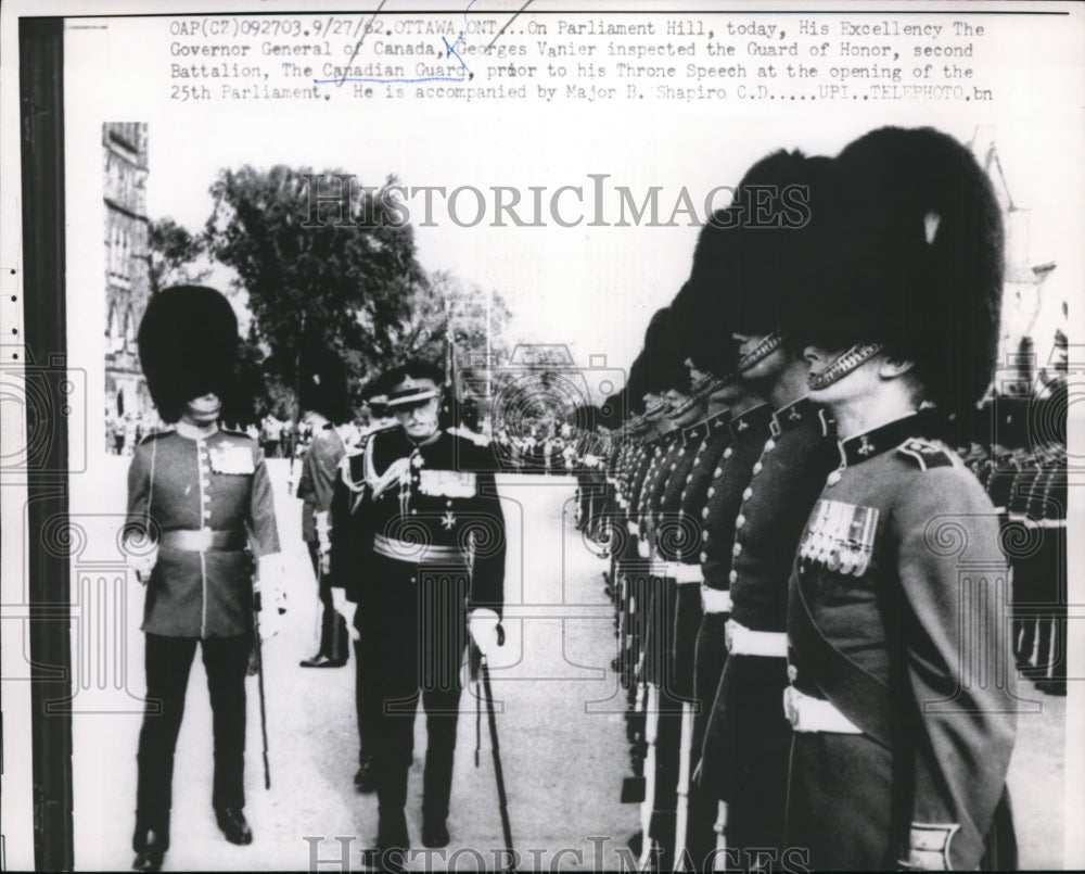 1962 Press Photo Governor Gen of Canada Georges Vanier inspects Guard of Honor-Historic Images