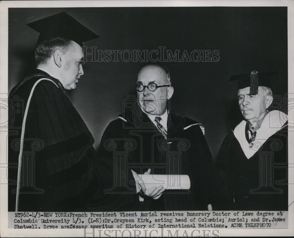 1951 French President Vincent Auriol at Columbia U with Dr G Kirk - Historic Images