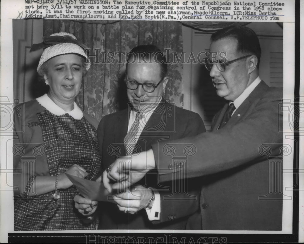 1957 Press Photo GOP chairman Meade Alcorn Jr, Bertha Adkins, Rep H Scott - Historic Images