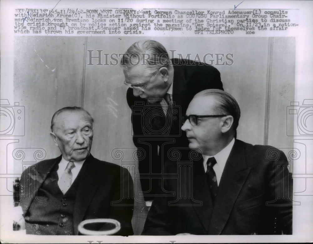 1962 Press Photo German Chancellor Konrad Adenauer & Heinrich Krone - nep03332-Historic Images