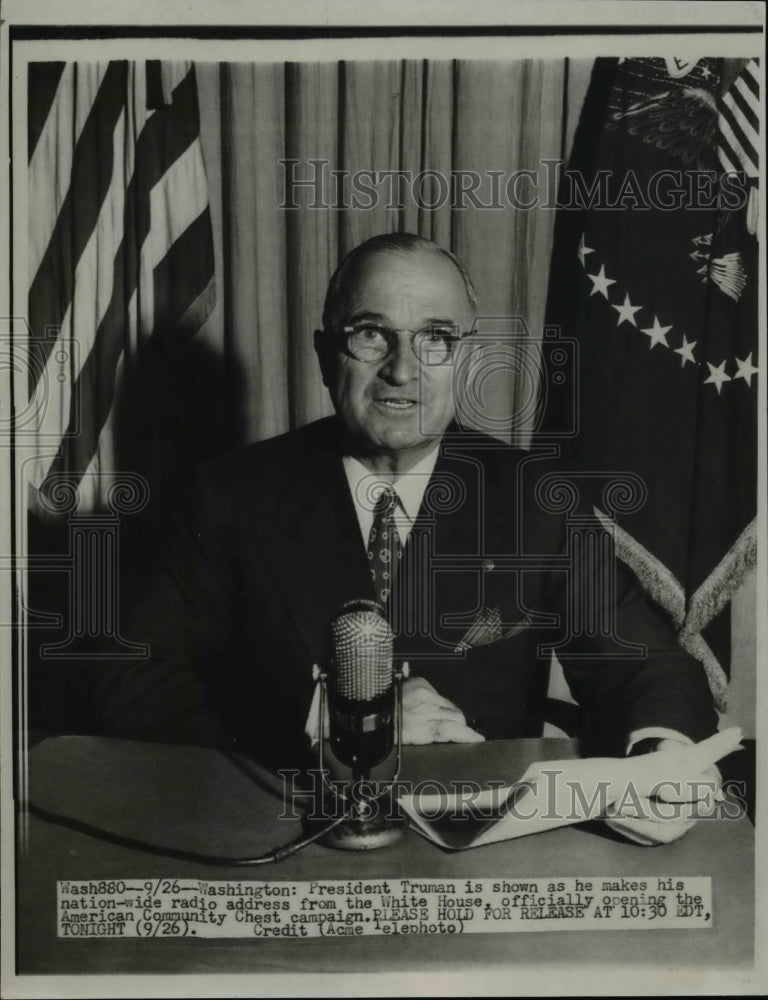 1947 Press Photo Truman makes nationwide radio address from the White House - Historic Images