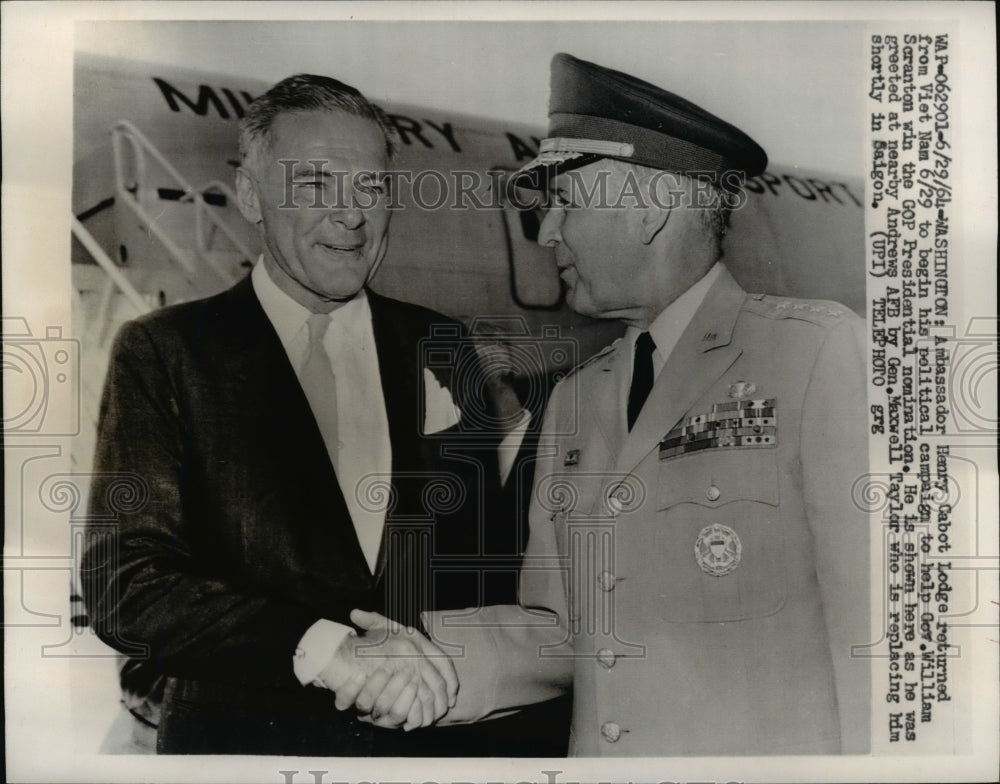 1964 Press Photo Henry Cabot Lodge greeted by Maxwell Taylor - Historic Images