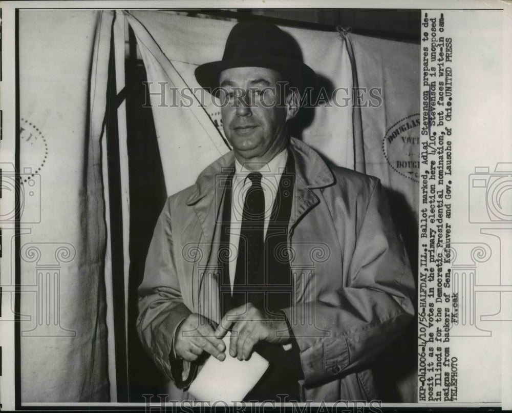 1956 Press Photo Adlai Stevenson As He Votes In The Primary Election - Historic Images