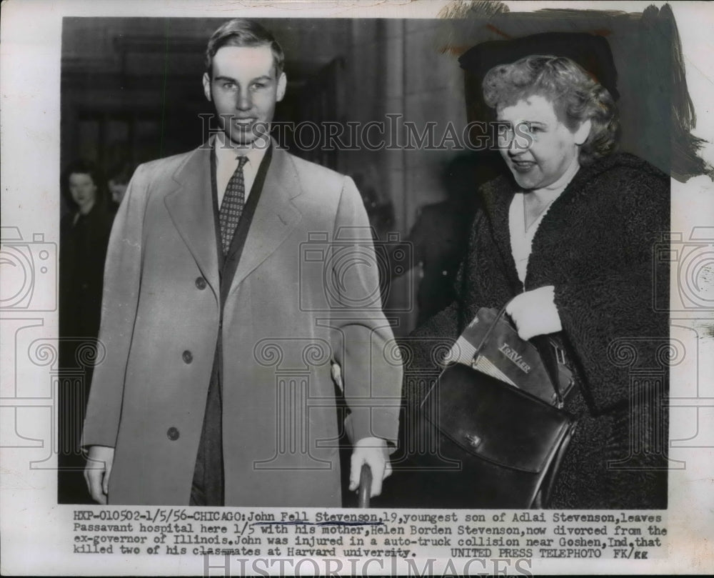 1956 Press Photo John Fell Stevenson Leaves Passavant Hospital With His Mother - Historic Images