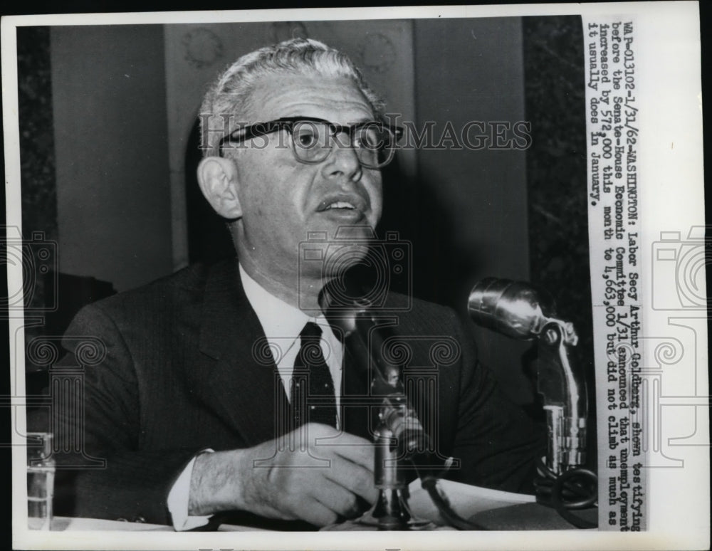 1962 Press Photo Arthur Goldberg Testifies in Senate-House Economic Committee-Historic Images