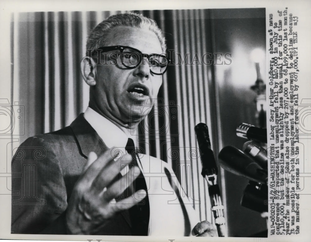 1961 Press Photo Labor Secretary Arthur Goldberg in Washington Press Conference-Historic Images
