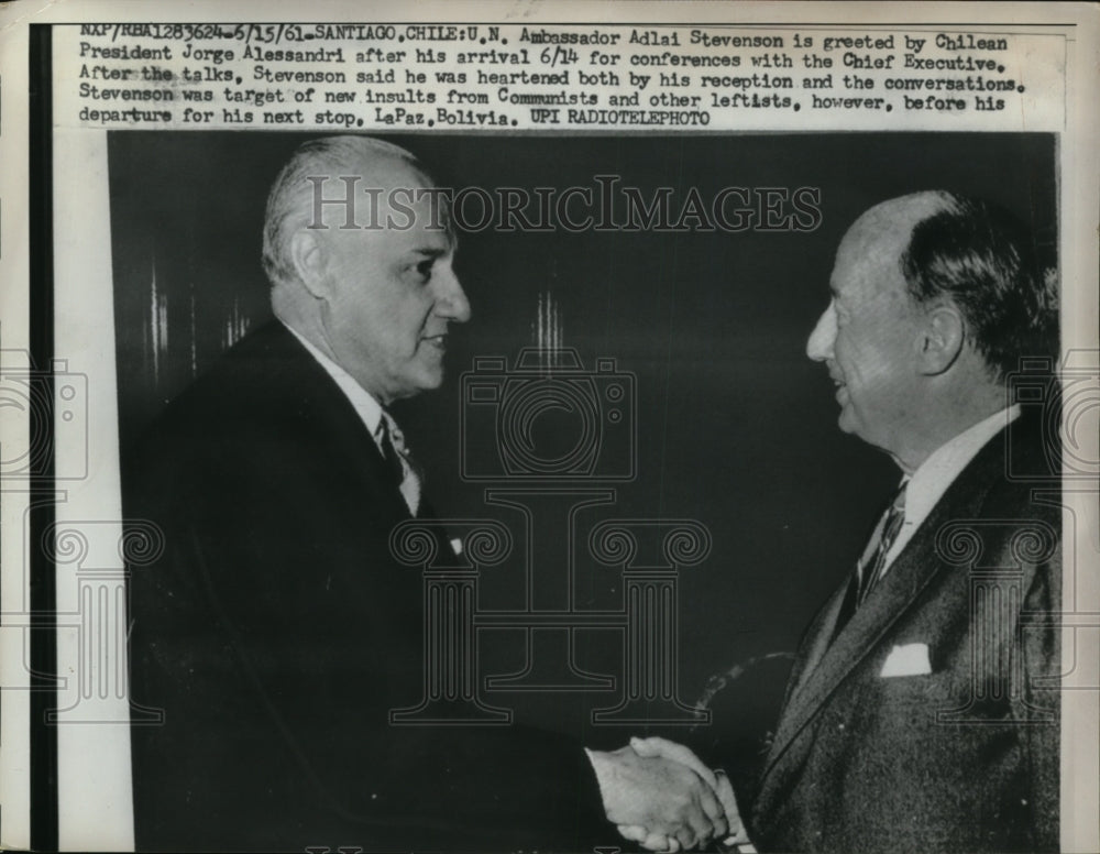 1961 Press Photo Adlai Stevenson Greeted by Jorge Alessandri, Santiago, Chile-Historic Images