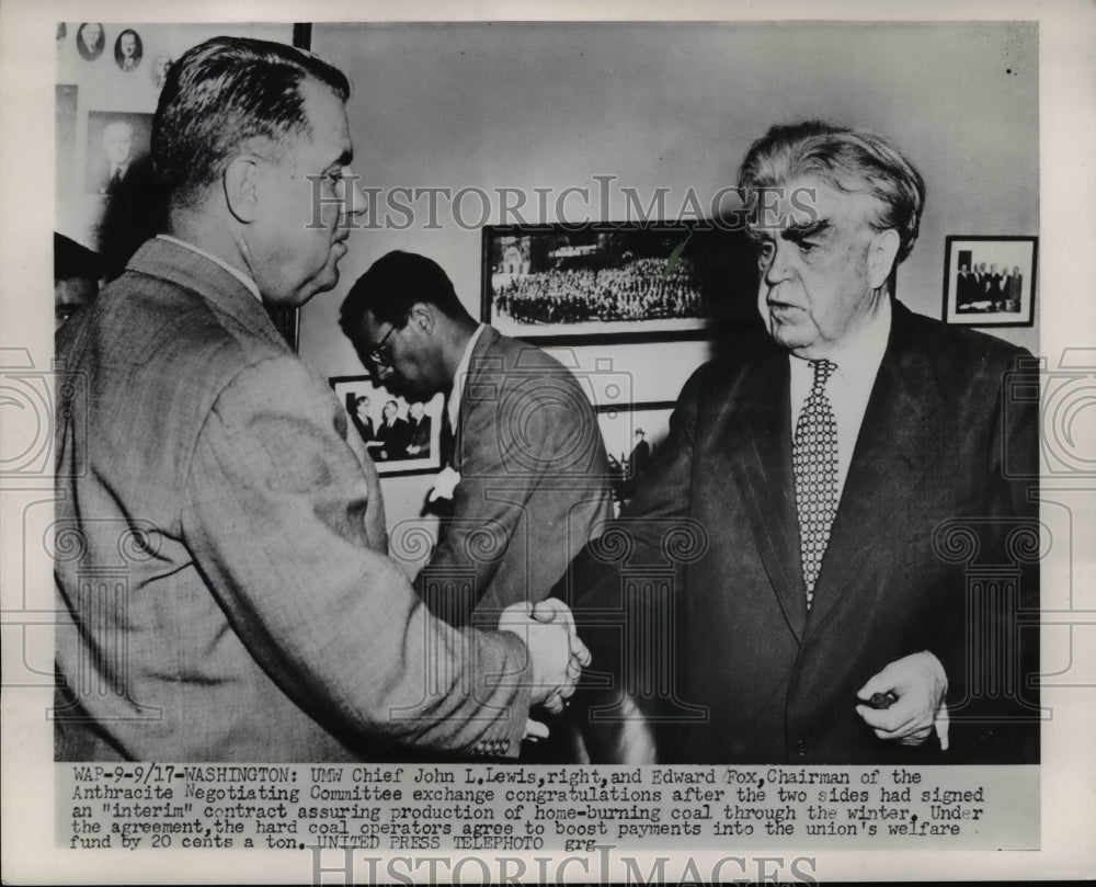 1952 Press Photo John L. Lewis &amp; Edward Fox Shake Hands After Contract Signing - Historic Images