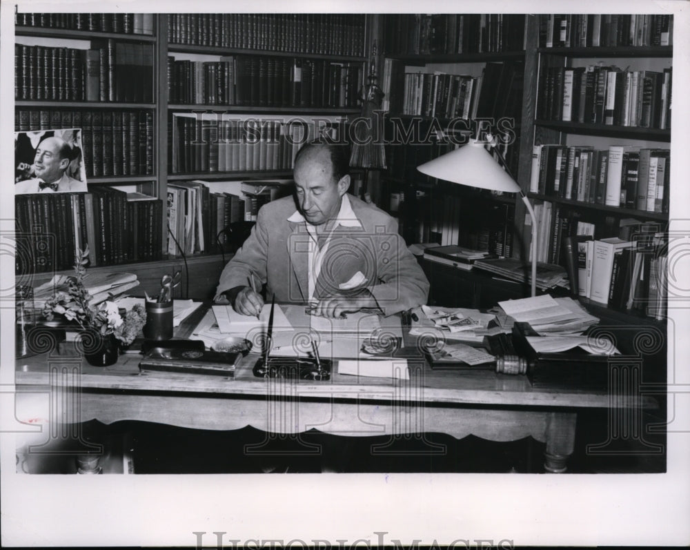 1956 Press Photo Adlai Stevenson Writes Campaign Speeches, Libertyville Illinois - Historic Images