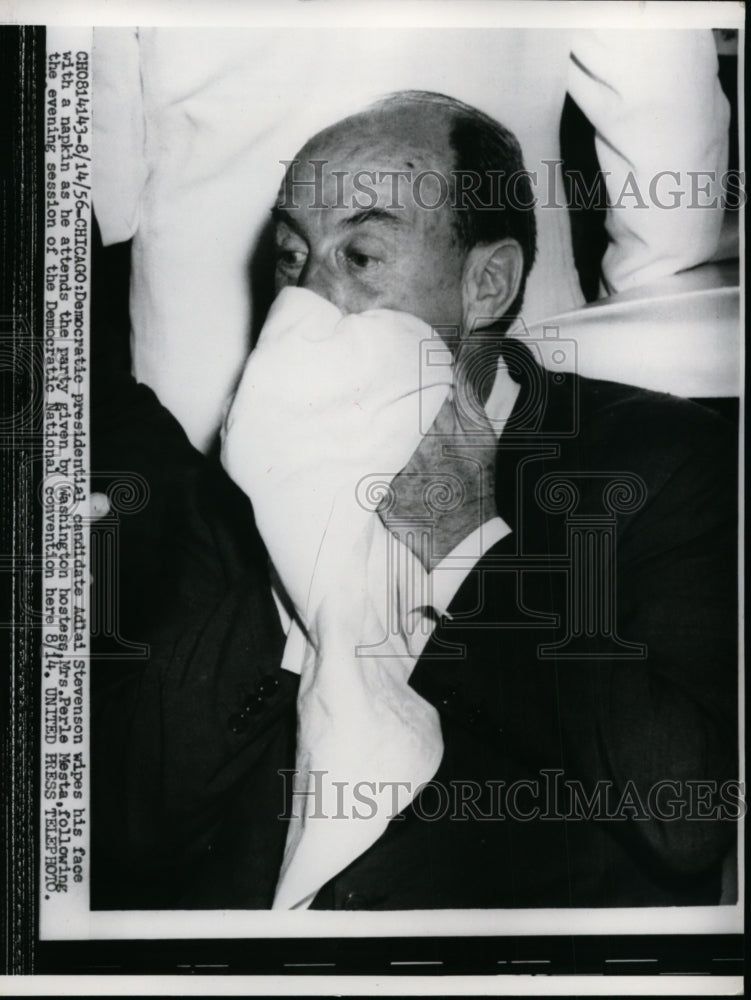 1956 Press Photo Dem Pres Candidate Adlai Stevenson Wipes Face at Party - Historic Images